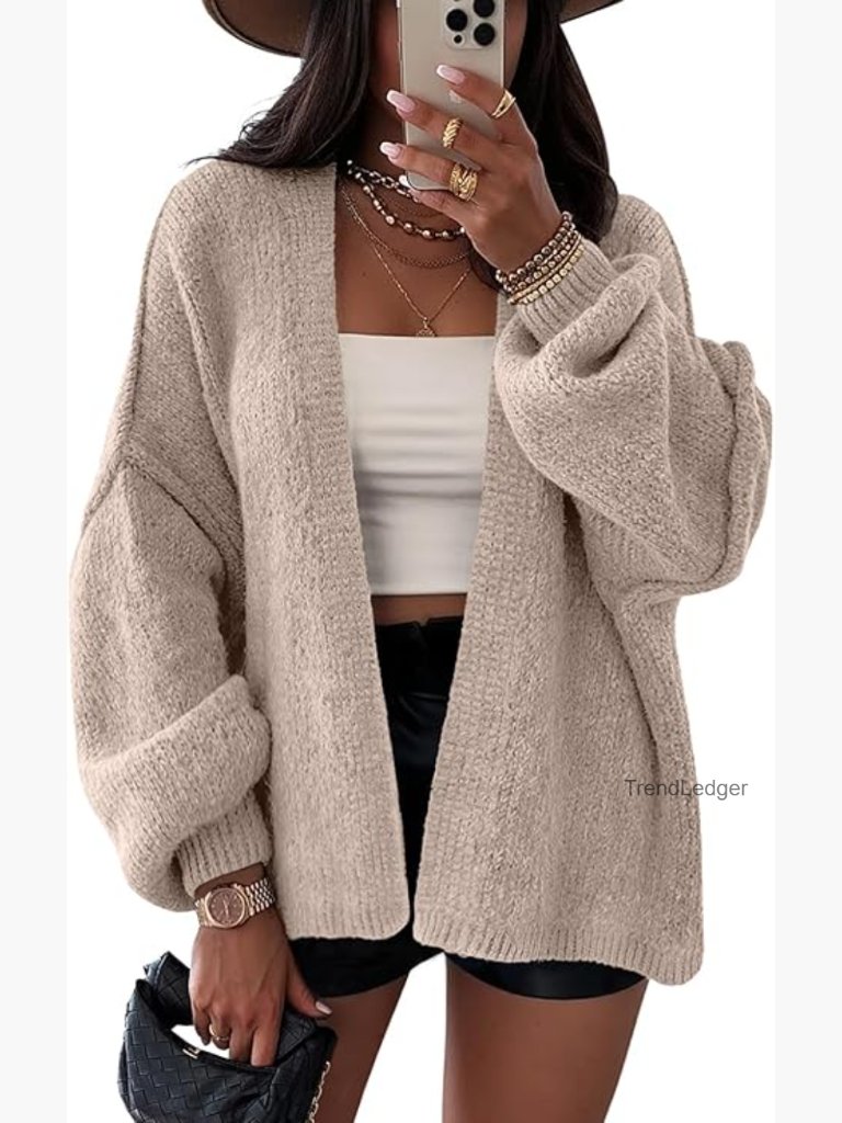 Oversized Chunky Cardigan With Lantern Sleeves, Longline Fit, Cozy Winter
